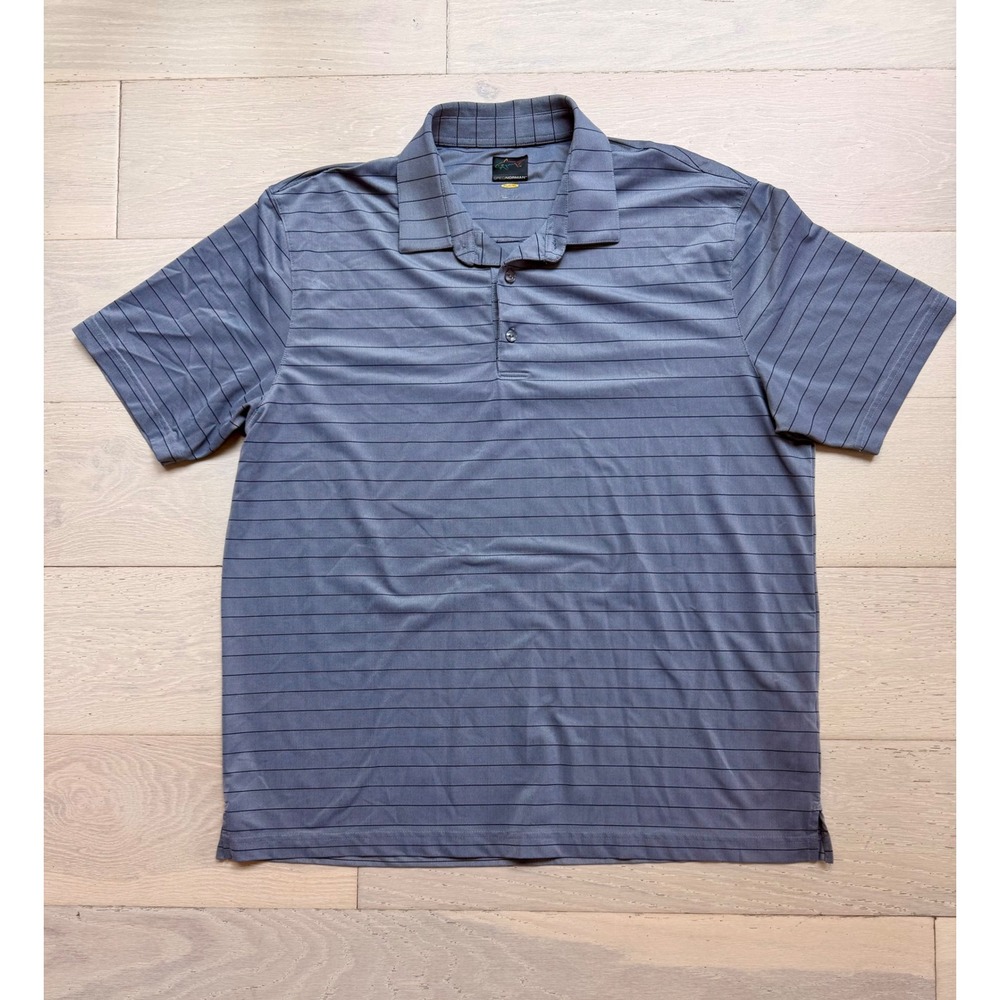 Greg Norman Pro Series Mens Large Blue Grey Striped Golf Polo Shirt Shark Logo